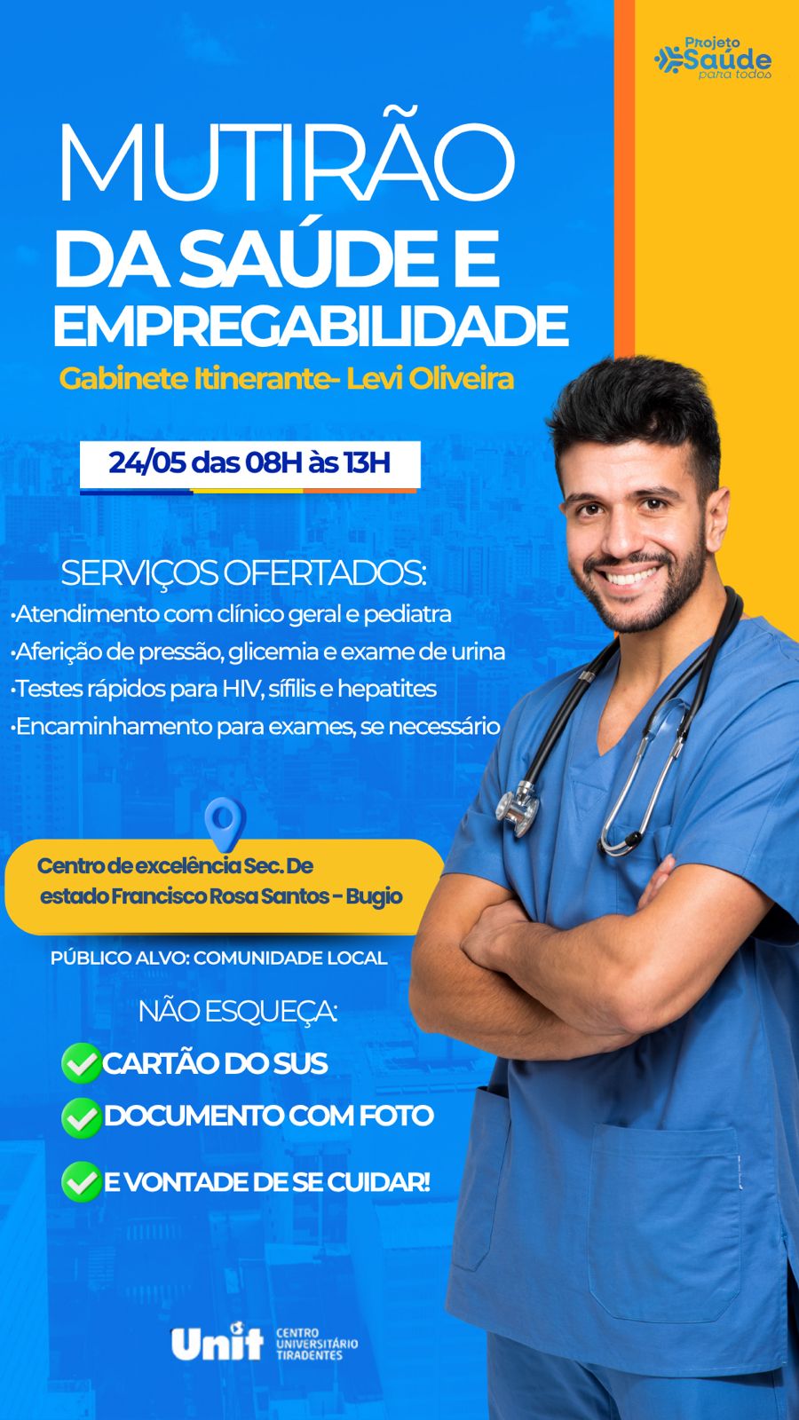 Levi Oliveira realizará Gabinete Itinerante durante Mutirão de Saúde e Empregabilidade no bairro Bugio